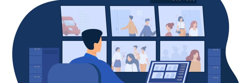 Guard service man sitting at control panel, watching surveillance camera videos on monitors in CCTV control room. Vector illustration for security system worker, spying, supervision concept
